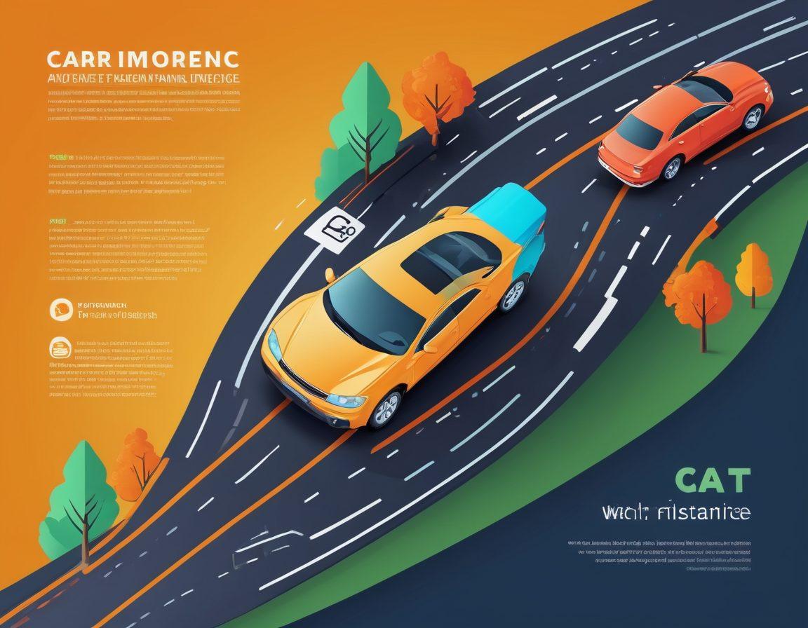 A visually appealing infographic illustrating various types of car insurance, including icons for full coverage, liability, and no-fault options. Include a road winding through the image to symbolize the journey of understanding insurance. Add engaging text labels and vibrant colors to enhance clarity and interest. Incorporate a modern, sleek design with a professional touch. vector art. vibrant colors.