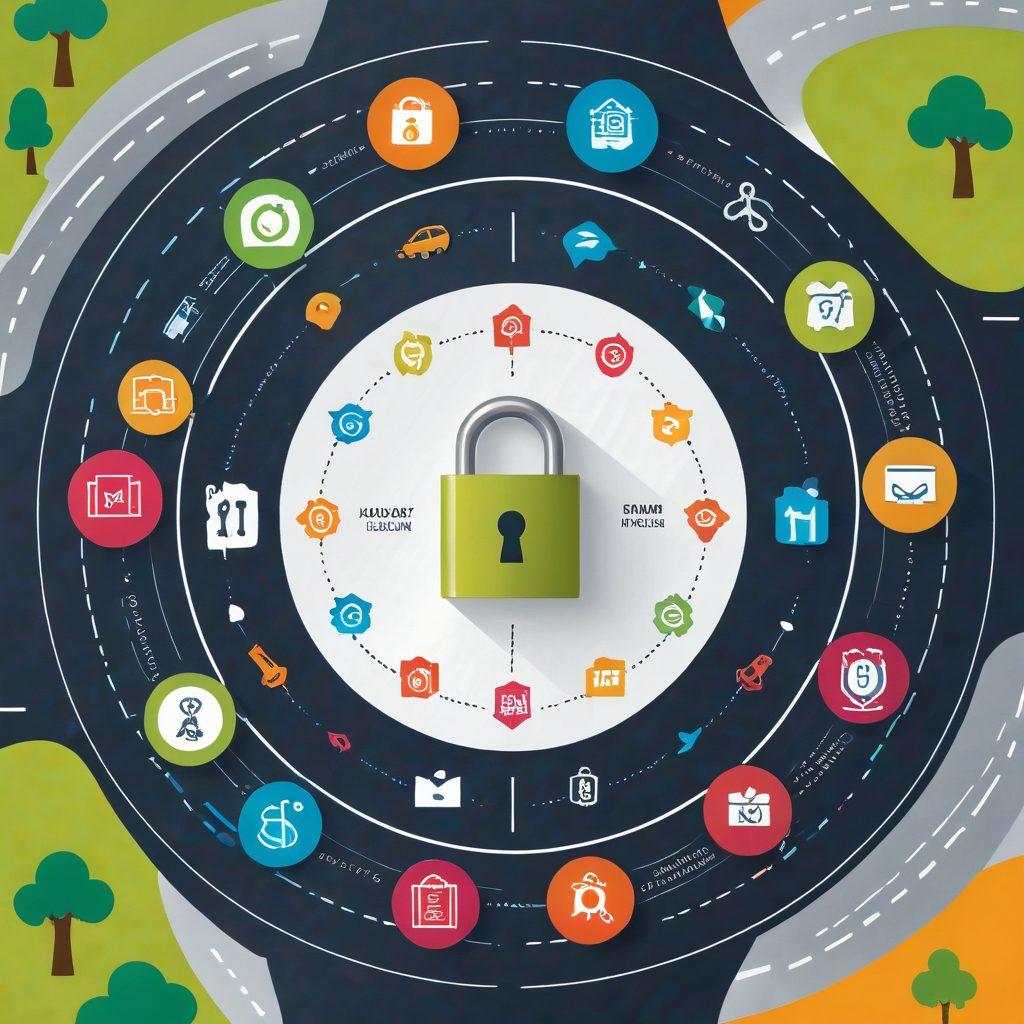 A visually engaging guide featuring a colorful lock and key symbolizing 'unlocking secrets', surrounded by various automobile icons and dollar signs to represent affordability. In the backdrop, a road winding through a vibrant landscape illustrates safe driving and insurance choices. Incorporate a checklist that highlights smart coverage options. modern infographic style. vibrant colors. white background.