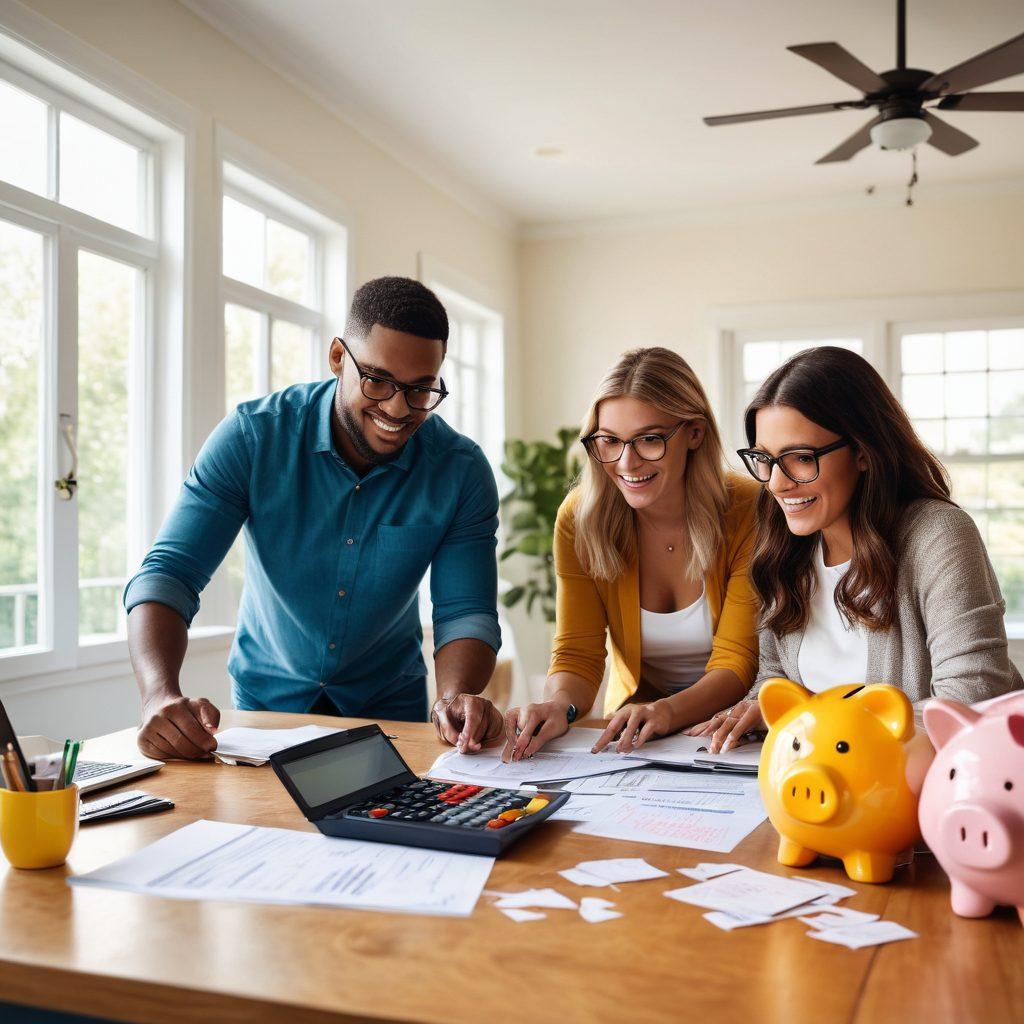 A dynamic scene showing a diverse group of people sitting around a large table, looking at insurance quotes on laptops and paper documents, with a large calculator and discount tags scattered on the table. Bright light emanating from a window, symbolizing clarity and insight in financial decisions. Incorporate elements like coins, a piggy bank, and a chalkboard with discount percentages written on it. The atmosphere should be energetic and hopeful. super-realistic. vibrant colors. white background.